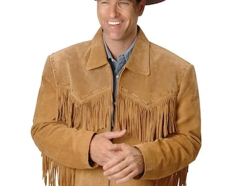 Giacca in pelle scamosciata con frange in stile vintage da uomo, giacca in pelle rossa da cowboy, giacca in pelle indiana da montagna, giacca western - Regali per lui