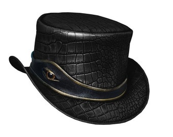 Black Leather Eye Band Top Hat Handcrafted Top Hat Crocodile Style Victorian Hat / Steampunk Top Hat Gifts For Him , Gifts For Men