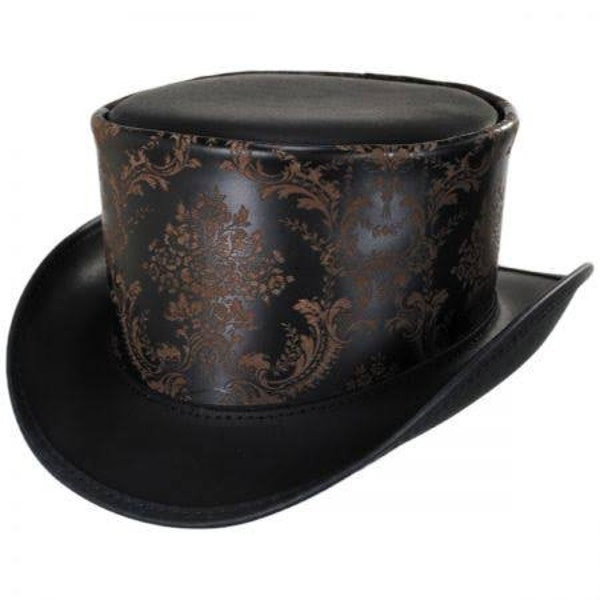 Chapeau haut de forme en cuir fabriqué à la main en cuir noir et marron, chapeau victorien de style royal, cadeaux de chapeau haut de forme steampunk pour lui, cadeaux pour hommes