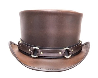 Brown Leather Chain Band Style Top Hat Handcrafted Top Hat Gothic Hat / Steampunk Top Hat Gifts For Him , Gifts For Men