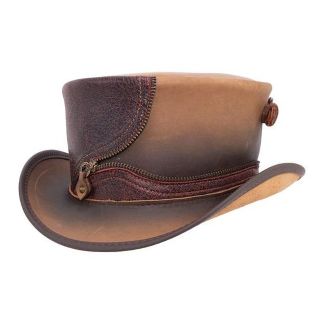 Distress Brown Leather Top Hat Handcrafted Top Hat Zipper Style Hat