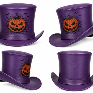 Puede incluir: Un sombrero de copa morado con un estampado gr&aacute;fico de una calabaza naranja de Halloween rodeada de enredaderas negras y siluetas de murci&eacute;lagos. El sombrero tiene una corona plana, un ala curva y un acabado liso, mostrado desde varios &aacute;ngulos.