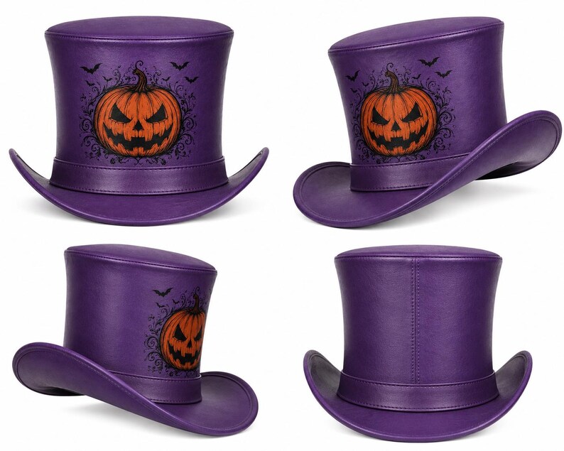 Puede incluir: Un sombrero de copa morado con un estampado gr&aacute;fico de una calabaza naranja de Halloween rodeada de enredaderas negras y siluetas de murci&eacute;lagos. El sombrero tiene una corona plana, un ala curva y un acabado liso, mostrado desde varios &aacute;ngulos.