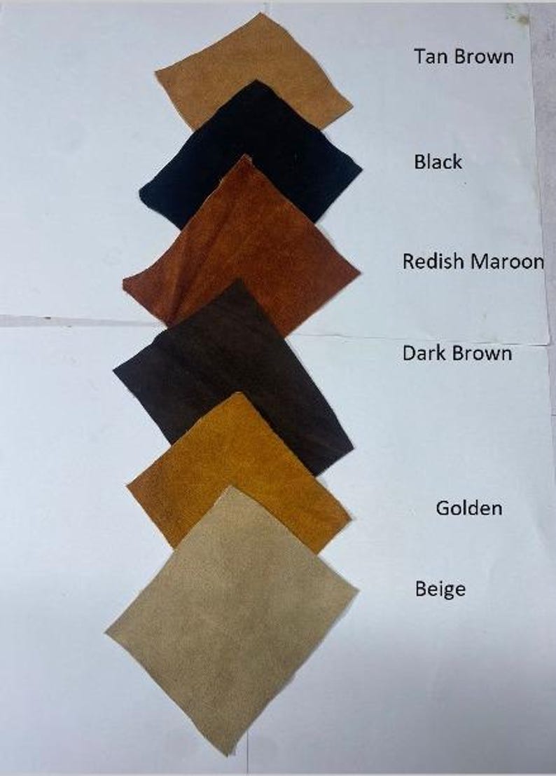 May include: A collection of fabric swatches in various colors, including tan brown, black, reddish maroon, dark brown, golden, and beige. The swatches are arranged in a vertical line, with color names labeled on the right.