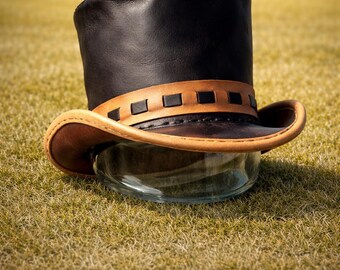 Handcrafted Black Leather Top Hat, Brown Band, Braided Style Gothic Steampunk Style