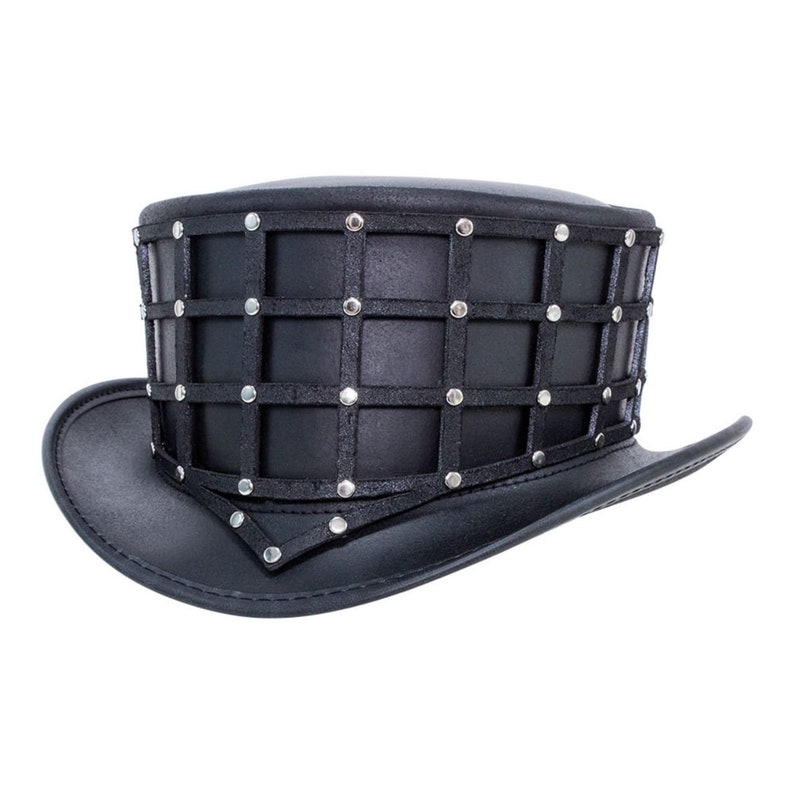 May include: A black leather top hat with a grid pattern and silver studs.