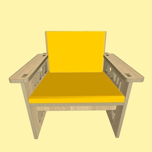May include: A wooden armchair with a bright yellow seat and back cushion. The chair has a light wood frame with decorative cutouts on the sides and armrests. The design is modern and minimalist.