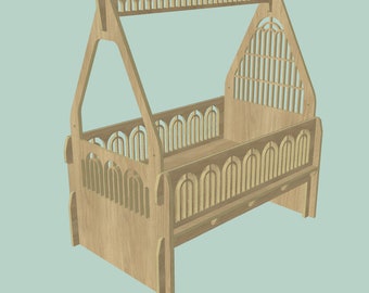 May include: A wooden crib shaped like a house with a decorative arched design. The crib has a slatted headboard and footboard, and a canopy.