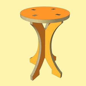 May include: A small, orange, wooden stool with a round top and three legs. The stool is made of plywood and has a simple, modern design.