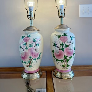 Pair of Asian Style Chinoiserie Lamps, Vintage Lamps in Pink, White, Green Floral Design, Set of Two, Large Lamps 29 inch tall, No Shades