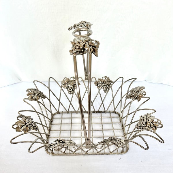 WIRE BASKET Silver Plated with grape vines and center handle, 12 inches long, 10 inches wide, basket 3.5 inch deep, 10 inch to top of handle