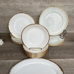 FIRE KING SWIRL Gold Trim Plates, Platter, Bowls, Vintage 1950&#39;s-60&#39;s Anchor Hocking Milk Glass Dinnerware, Sold Individually Single Pieces