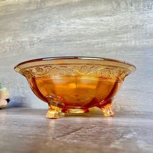 CARNIVAL GLASS MARIGOLD Footed Bowl, Etched Flower Ribbon, Great Iridescent Gold, 9 inch wide, 3.5 inch tall, Excellent Condition