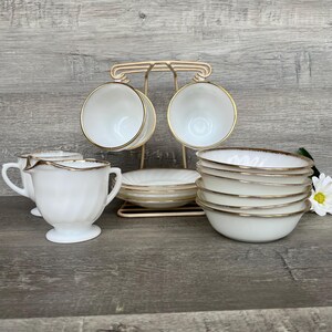 FIRE KING SWIRL Milk Glass Sugar/Creamer, Cups/Saucers, Berry/Dessert Bowls, White Swirl Design-Gold Trim, Choice of Sets Sold Separately