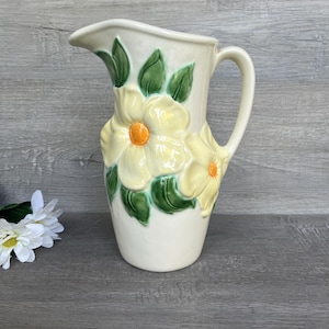 HOLLAND MOLD Ceramic Pitcher, Floral Pattern, Vintage Ceramic Pitcher Artist Signed 1987, 8.5 inch tall