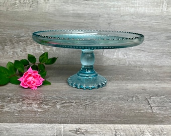 JEANETTE Glass ICE BLUE Cake Stand, Harp and Lyre Imprint, Hobnail Rim and Base, 1950-60's Pedestal Cake Stand, Ice Blue, Aqua, Light Blue,