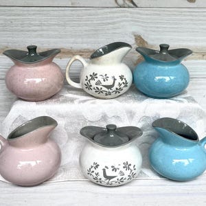 Pode incluir: Seis jarras de cerâmica em tons pastel: rosa, branco e azul. Cada jarra tem uma borda e uma alça ou tampa cinza. As jarras brancas apresentam um desenho floral e de pássaros pretos. Ideais para servir.