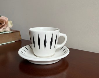 HOMER LAUGHLIN Best China Cup and Saucer, Black and White Geo Metric, 1960's Ceramic