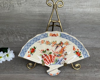 Vintage ASIAN CERAMIC FAN, Beautiful Bird and Floral Scene, Blue and Rust Colors with Gold Trim, 9.5 inch at the widest