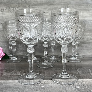 Vintage LUMINARC CRISTAL D'ARQUES Goblets, Sold in Set of 2, Water or Wine Glasses, Long Stem w/Cut Knob, Very Old Pattern, 8 inch
