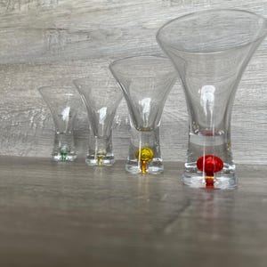 ART DECO BUBBLE Base/Stem Shot Glasses, Vintage Barware, Mini Martini Shot Glass, Color Bubble in Base, Set of 4, 4 inch tall