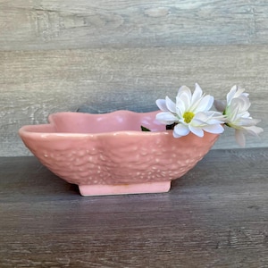 Vintage PINK CERAMIC PLANTER, Indoor Planter or Footed Bowl, Square Design with Scalloped Rim, Marked 643, Great Condition