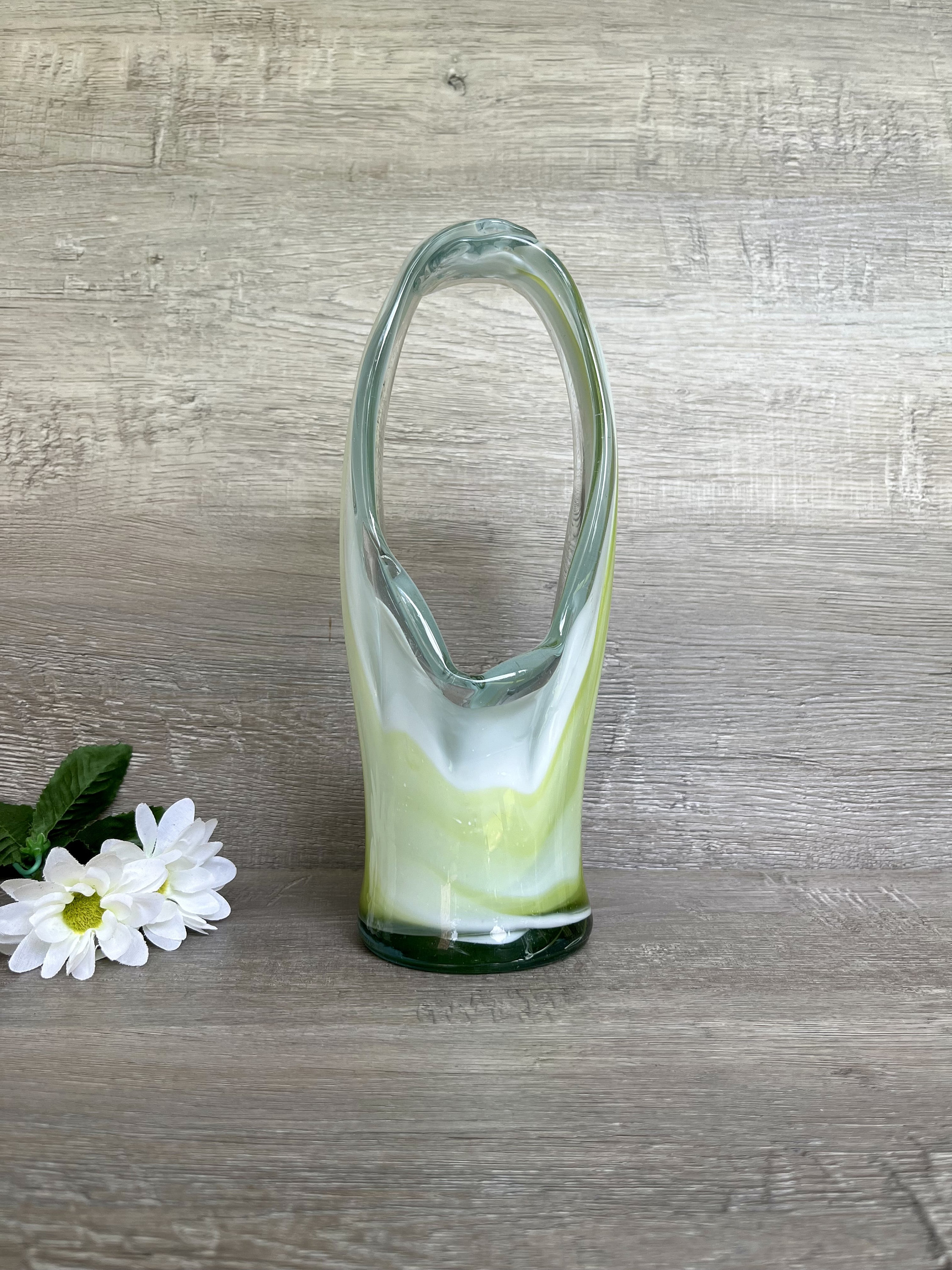 Vase En Verre Soufflé à La Main, Tourbillon Blanc Et Gris, Fait Main, Super Lourd, 20 Cm De Haut, Déco Intérieure Unique