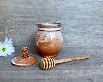 POT DE MIEL avec louche, pot de miel en céramique poterie vintage avec couvercle en forme d'ours, 1 tasse, pot de 5,5 pouces de haut