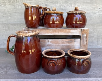 Update-Added Item-Vintage HULL DRIP GLAZE Pottery, Brown Drip Glaze Pottery, Choice of Item-Small Pitcher, Creamer, Crock-no lid, Salt & Pep
