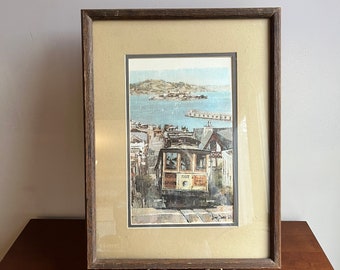 DON DAVEY 1968 Cable Car Lithograph Art, Gabriel's Galleries Rennie Gabriel Encino CA Gallery Tag, Print size 7.5 x 11.5, Wood Frame 15x19x2