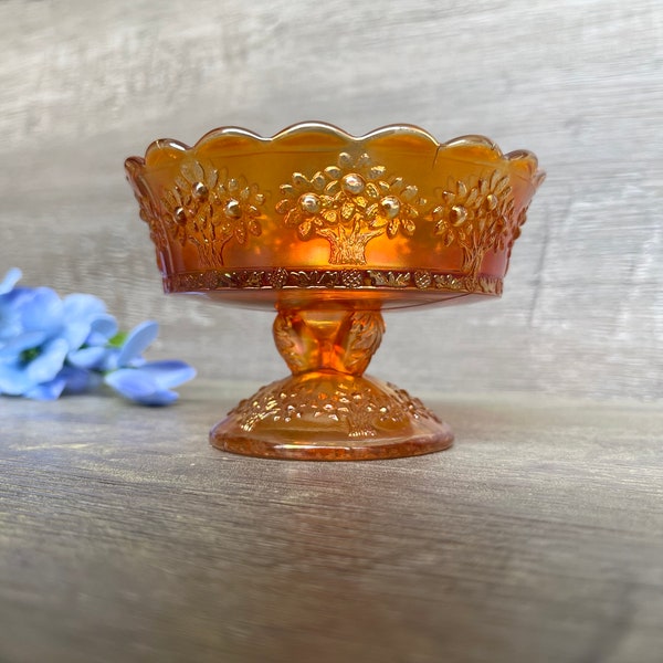 FENTON ORANGE TREE Footed Compote, Marigold Color, 4.5 wide on rim, 3 inch tall, Good Vibrant Color