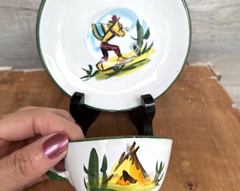 12 pcs PERU POTTERY Plates and Cups, Hand Painted Scenes of Native Peruvian Indian Life, Set of 6 Plates 5" and 6 Small Cups-12 pcs