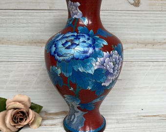 Large Vintage Chinese Cloisonne Vase, Rust Red with Blue Peonies and Butterfly, 12 inch tall Enamel over Brass, Patina
