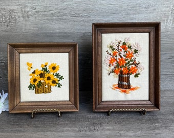 CREWEL EMBROIDERY, Set of 2 Vintage Framed Embroidery, 8.5 tall and 6.5 inch tall, both frame width is 6.5 inch