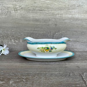 JAPAN GARDEN CHINA Gravy Boat, Blue Rim Floral Pattern, 8 inch boat, 9.5 inch underplate, made in Japan