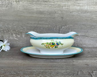 JAPAN GARDEN CHINA Gravy Boat, Blue Rim Floral Pattern, 8 inch boat, 9.5 inch underplate, made in Japan