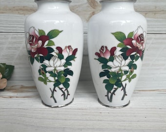 Vintage Japanese Cloisonne Vases: Floral Rose Enamel, Platinum Trim, Set of Two