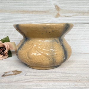 May include: A small, tan ceramic vase with a flared rim and a rounded body. The vase has a textured surface with a subtle floral pattern and dark blue accents. The vase is likely for decorative purposes.