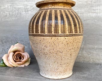 Vintage SPECKLED STONEWARE POTTERY, Studio Pottery Vessel, Signed by Artist &quot;Charles Johnston&quot;, Earth Tone Brown and Beige, 10 Inch tall