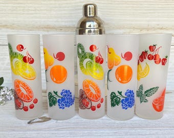 Frosted Fruit Tom Collins-Zombie Glasses by Federal Glass Co and Stainless Shaker, 1950's-1960's Vintage Barware, Set of 5