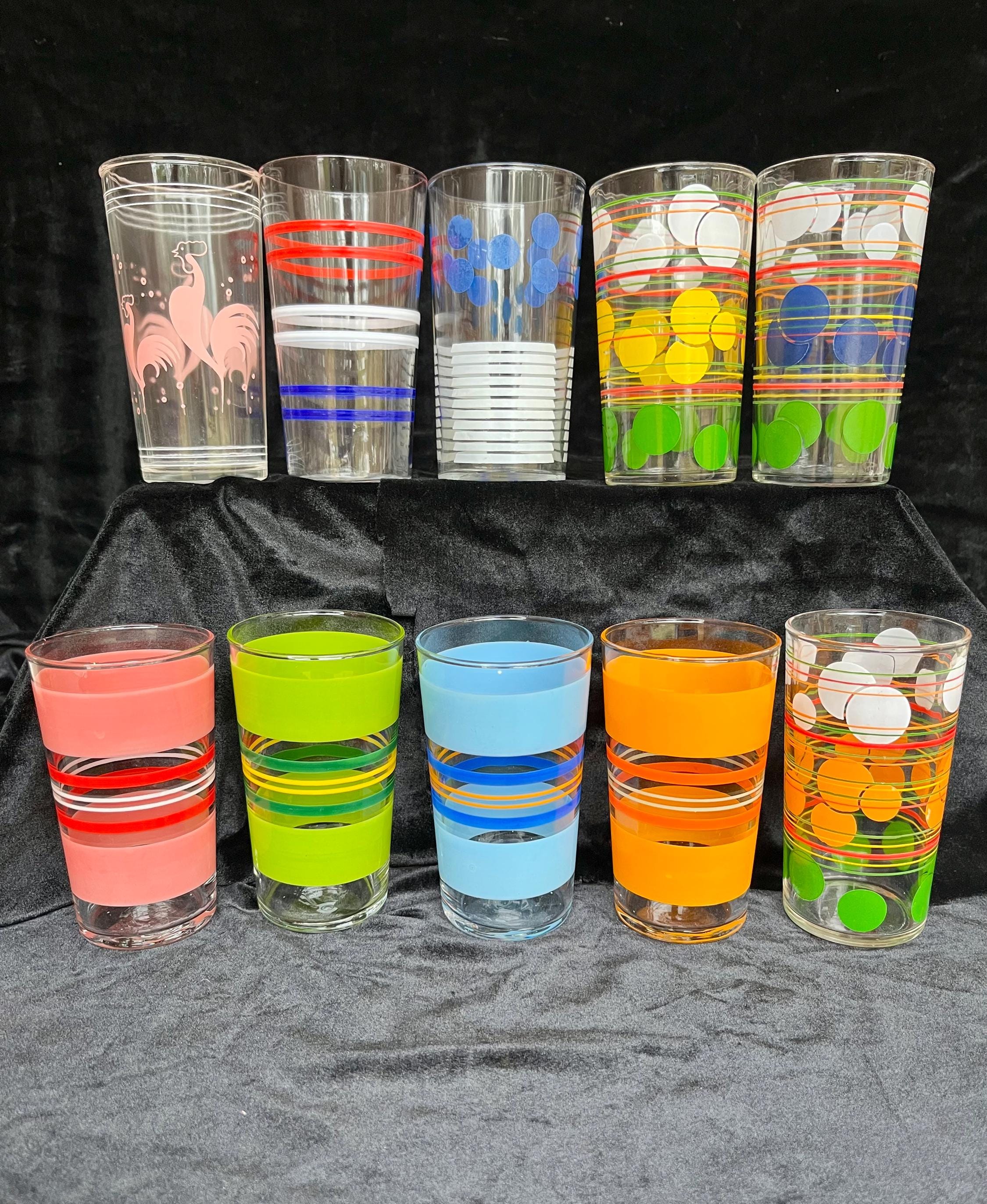 HAZEL ATLAS Juice Glasses, MCM Vintage Glassware, Various Prints-Sizes, 8 oz/10 oz,  Vintage 1950's-60's, Pink Rooster, Sold Individually