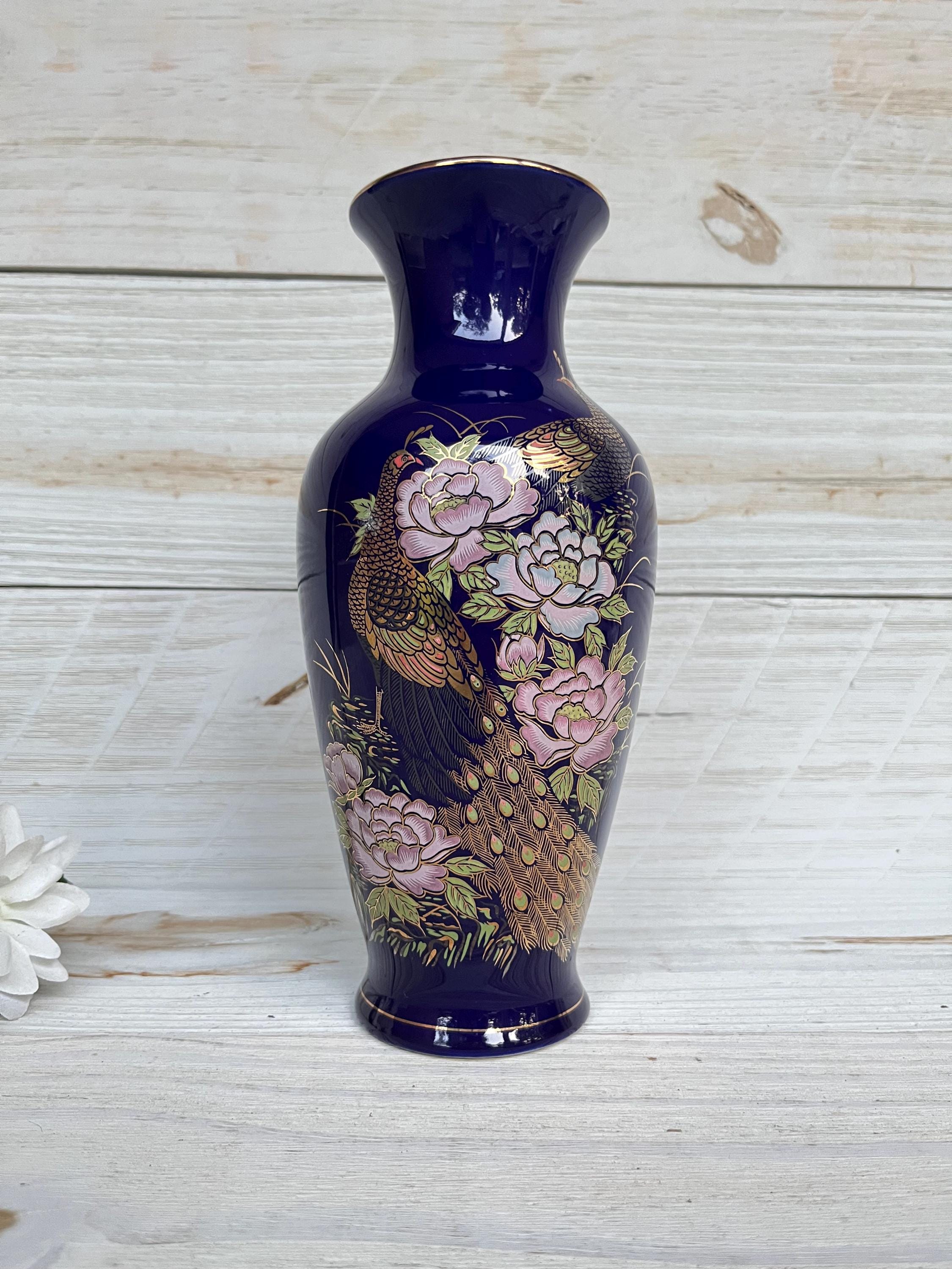Vintage Kutani Style Vase: Cobalt Blue Peacock & Gold, 9.75