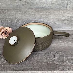 DENBY CHEVRON CASSEROLE in Camelot Green, Textured Chevron Pattern in Dark Green, Mint Interior, Produced 1964-1990 by Denby Pottery England