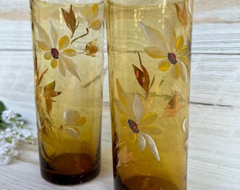 Vintage Blown Glass Highball Glasses: Amber Floral with Gold Accents