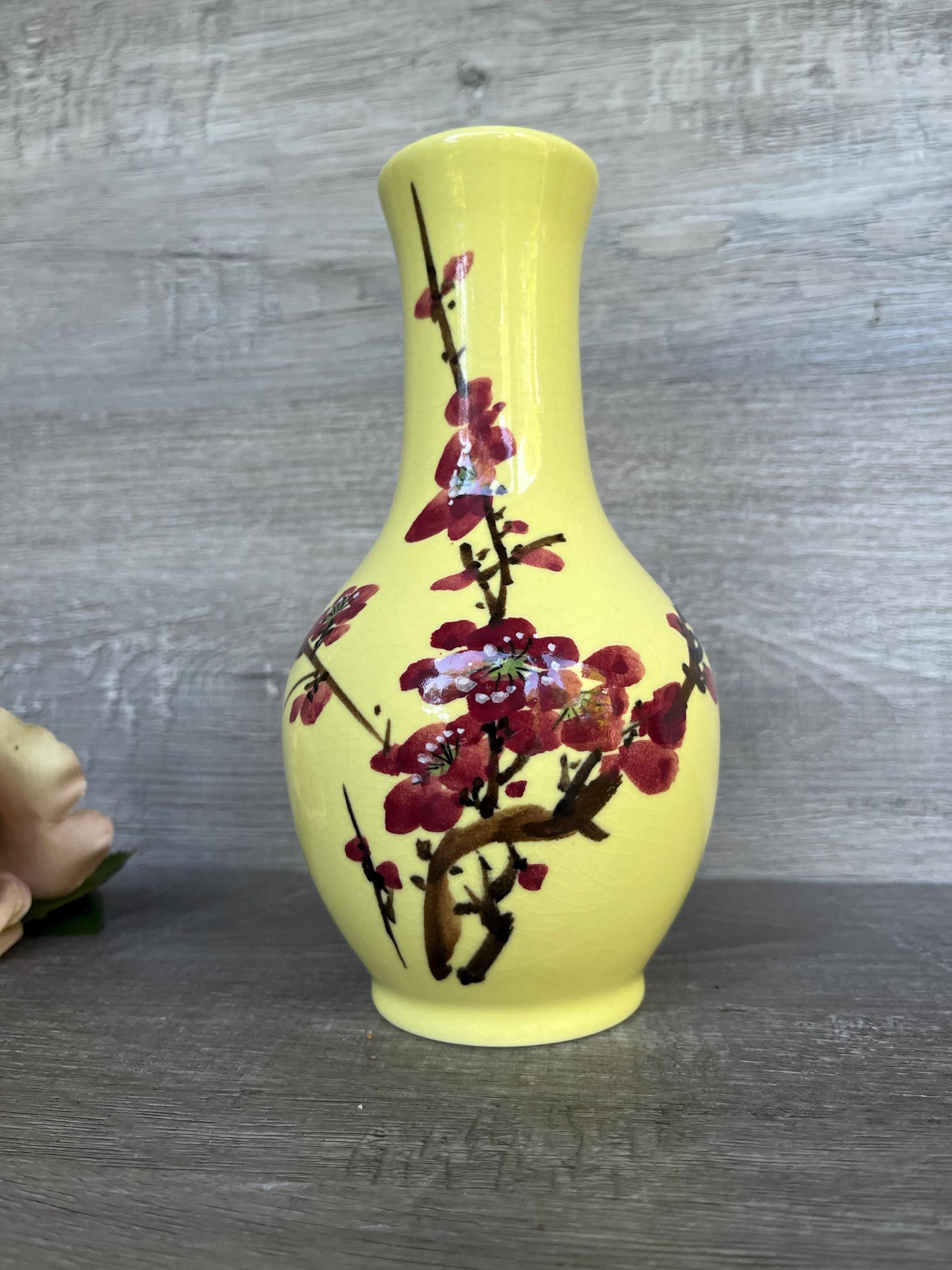 JAPANESE POTTERY VASE Bright Yellow With Cherry Blossom Print 