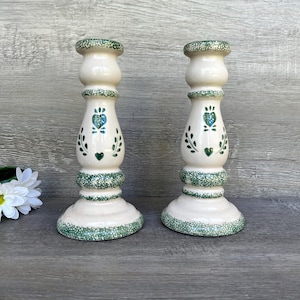 Ceramic CANDLESTICK HOLDERS, Green Hearts Sponge Painted Technique, Farmhouse Decor, Cottage Decor, 7.5 inch tall,