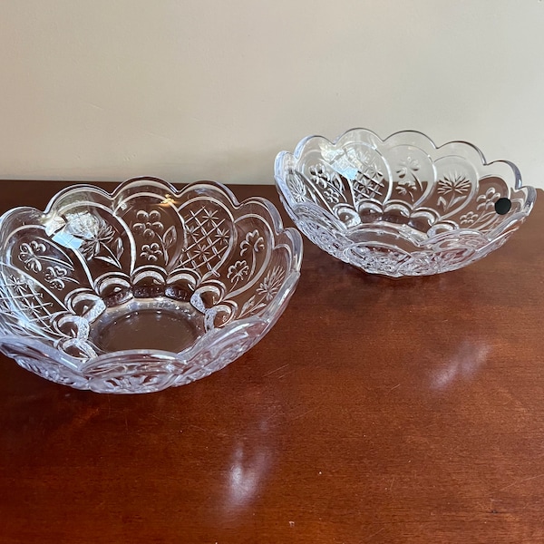 Set of 2 Crystal Clear Studios Bowls with Flower Design, Scalloped Edge, 8.5 inch across rim and 3 inches tall