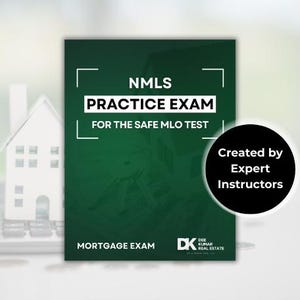Puede incluir: Se muestra un libro verde con el texto "NMLS PRACTICE EXAM FOR THE SAFE MLO TEST". Una maqueta de casa blanca y una calculadora están en el fondo. Un círculo negro con el texto "Created by Expert Instructors" está a la derecha.