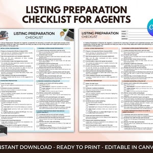 May include: A printable checklist for real estate agents to use when preparing a property for listing. The checklist is divided into five sections: Initial Listing Preparation, Marketing Preparation, Ongoing Marketing & Follow Up, Closing Preparation, and Coordination Once the Home is Under Contract. The checklist is editable in Canva.