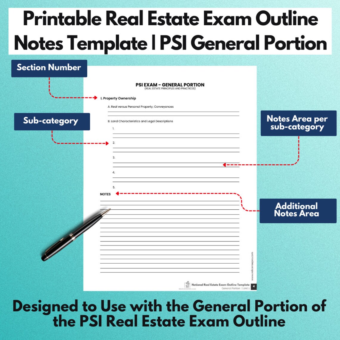 PSI Real Estate Exam, Note Taking Outline Template for the PSI Real